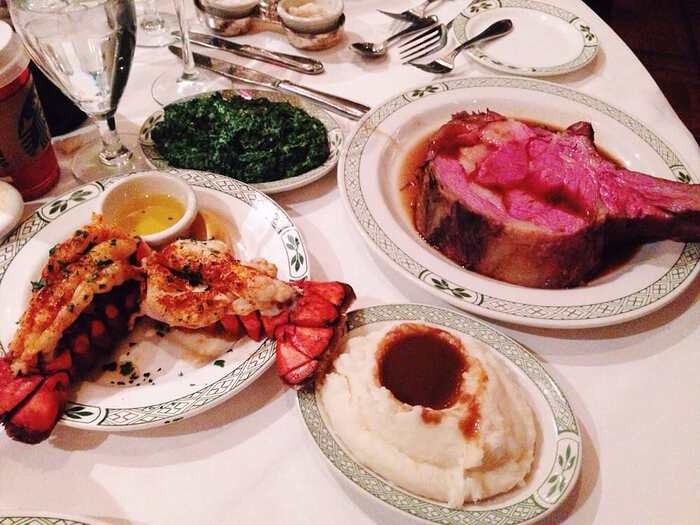 Lobster tail, 20oz prime rib, mashed potatoes, and creamed spinach