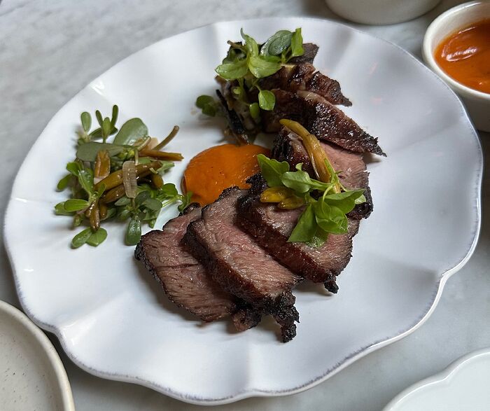 2025 - 07 - 02 - Cafe Mado grilled beef -- chuck strip -- with habanero and day lily