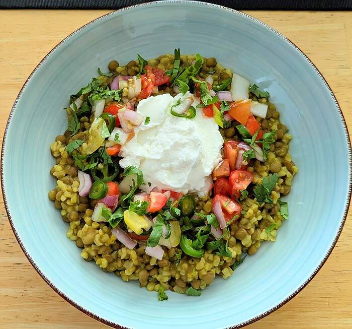 Lentils and rice with tomato, yogurt, and chiles