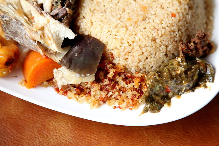 Thiebou djeun (white; detail including xoon), Saint-Louis Restaurant, Lenox Ave., Manhattan