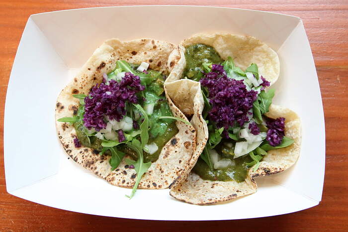 Saag paneer roti tacos, Taco Mahal, Ninth Ave, Manhattan