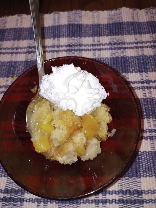 Aug 11 Peach Crisp in dish w whipped cream