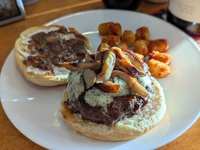 mushroom and blue with caramelized onion burger