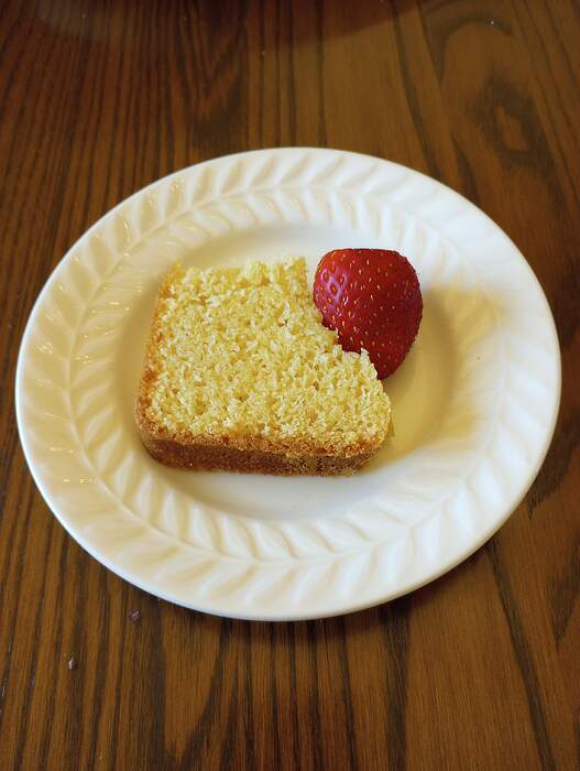 March 8 Lemon loaf cake crumb shot slice with strawberry