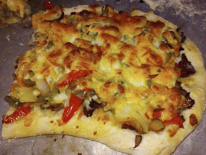 Jan 5 Philly cheesesteak pizza  on baking sheet