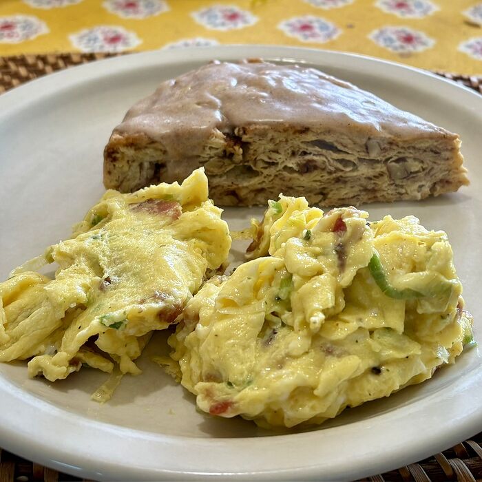 Onion Bacon Scramble and Cinnamon Scone