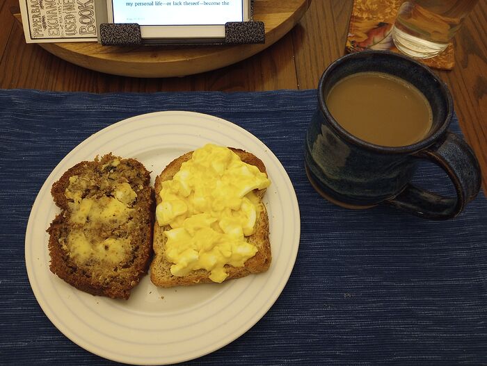 Aug 30 breakfast eggsalad on wheat toast zucchini loaf with orange buttercream (1)