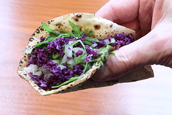 Saag paneer roti taco, Taco Mahal, Ninth Ave, Manhattan