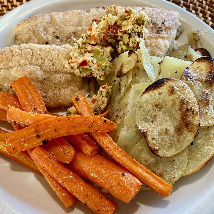 Pan Fried Hali with Casino Butter and Veg