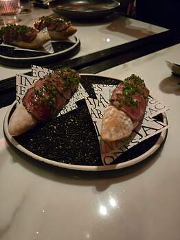 A5 “PHILLY CHEESESTEAK”* japanese beef, manchego cheese espuma, caramelized onion jam