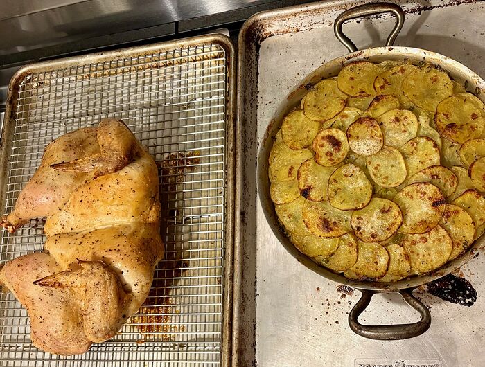 Roast Chickie and Potato with Onion Gratin