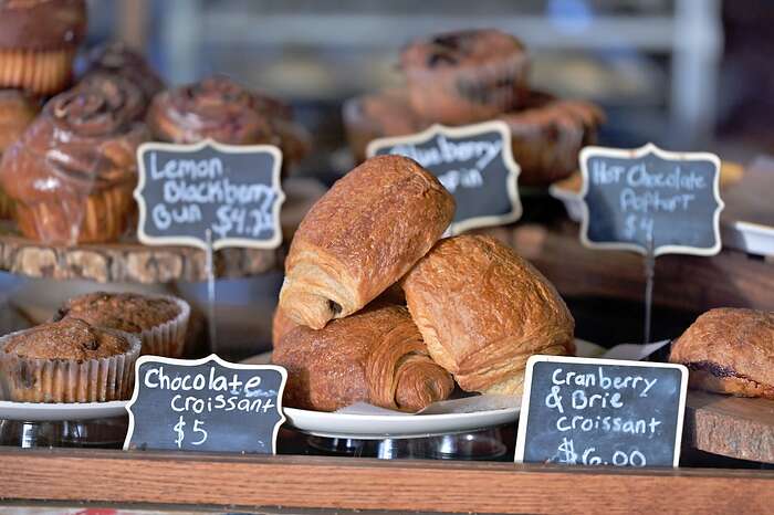 A variety of baked goods on display in the bakery case at the recently opened Hearth & Hug Bakery.