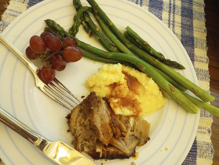 Jul 5 lunch grits pulled pork BBQ ionions asparagus grapes
