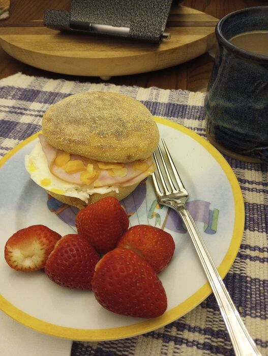 Aug 9 breakfast ham egg cheddar muffin strawberries (4)
