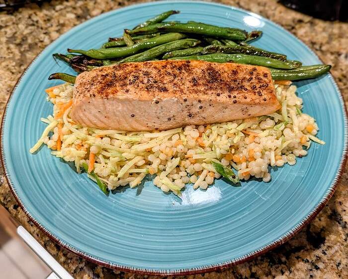 Spice crusted salmon couscous salad roasted green beans