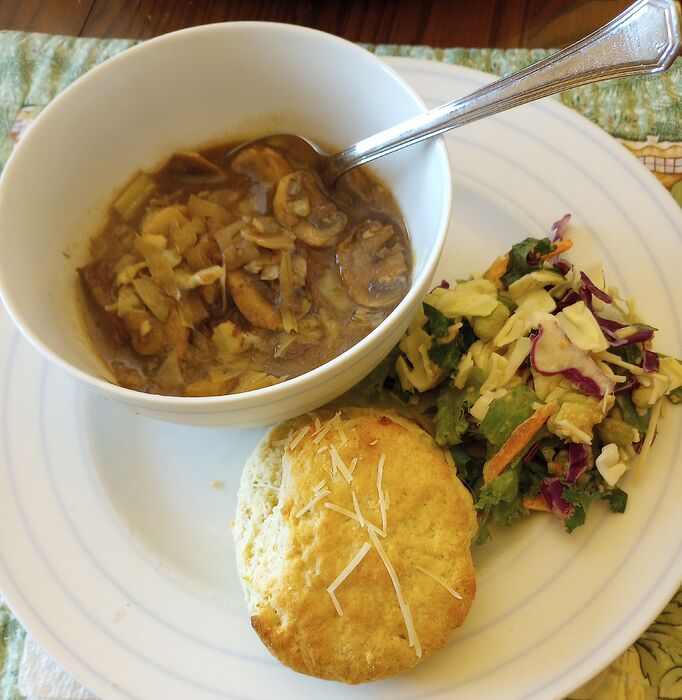 Apr 17 Biscuit beside Truckadero beef stew and salad