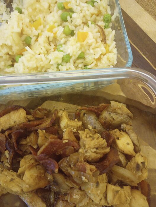 Aug 18 Spicy Chicken and mushrooms with cheesy rice