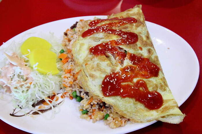 Omelette rice, Chung Moo Rollrice & Dongas, Flushing, Queens