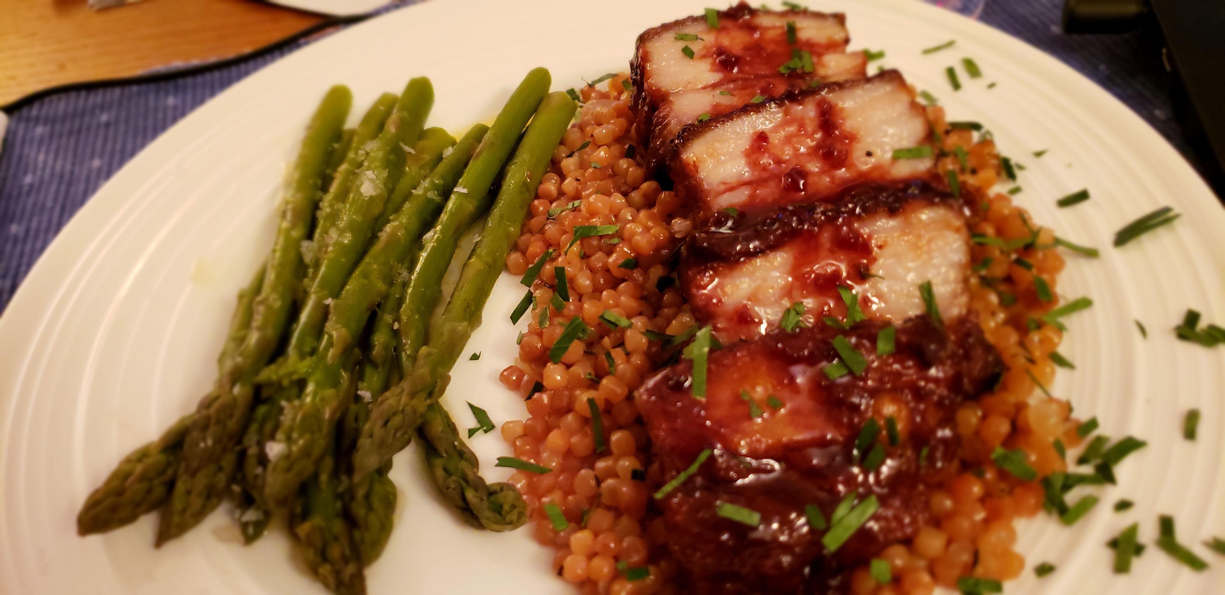 2018-06-30-PomegranateGingerPorkBellyToastedIsraeliCouscous%26SteamedAsparagus